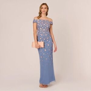 Adriana Papell Off the Shoulder Dress with Floral Embellishment‎ NWT 16